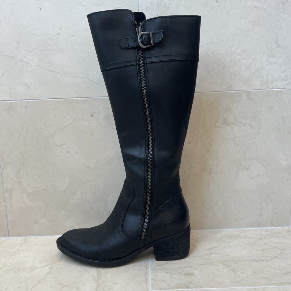 EUC BORN Boots Sz 6.5 Fannar Black Leather Knee-High Full-Zip Riding Boots
